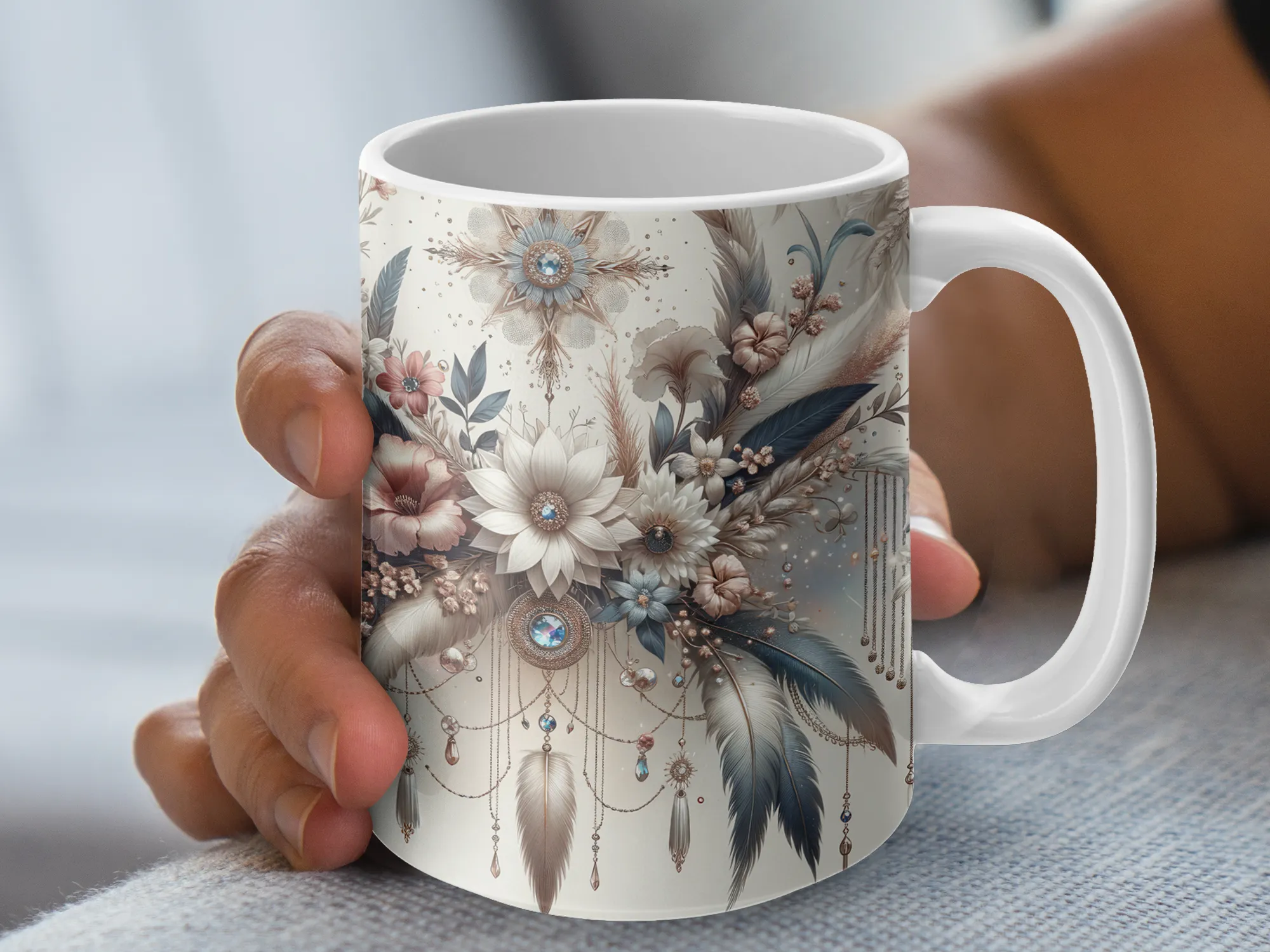 Boho Feathers and Floral Design, Boho Coffee Mug, Feathers and Flowers Coffee Mug, Cute Coffee Mug Gift for Her, Boho Design Coffee Mug