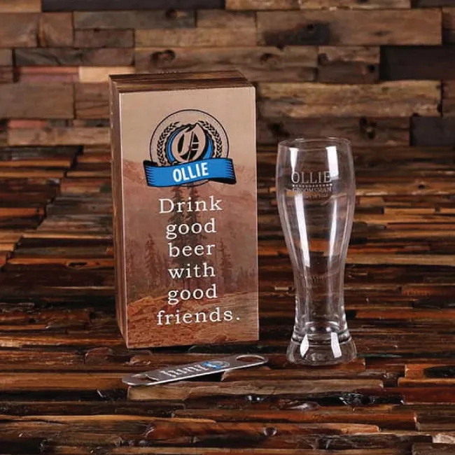 Bottle Opener And Pilsner, Pint Beer Glass With Printed Wood Box