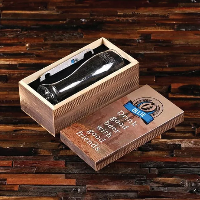 Bottle Opener And Pilsner, Pint Beer Glass With Printed Wood Box