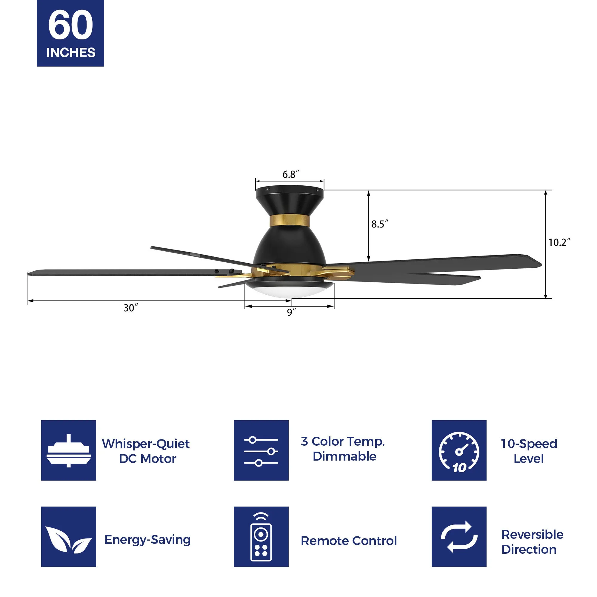 Byrness Low Profile Modern Ceiling Fan with LED Light and Remote 60”