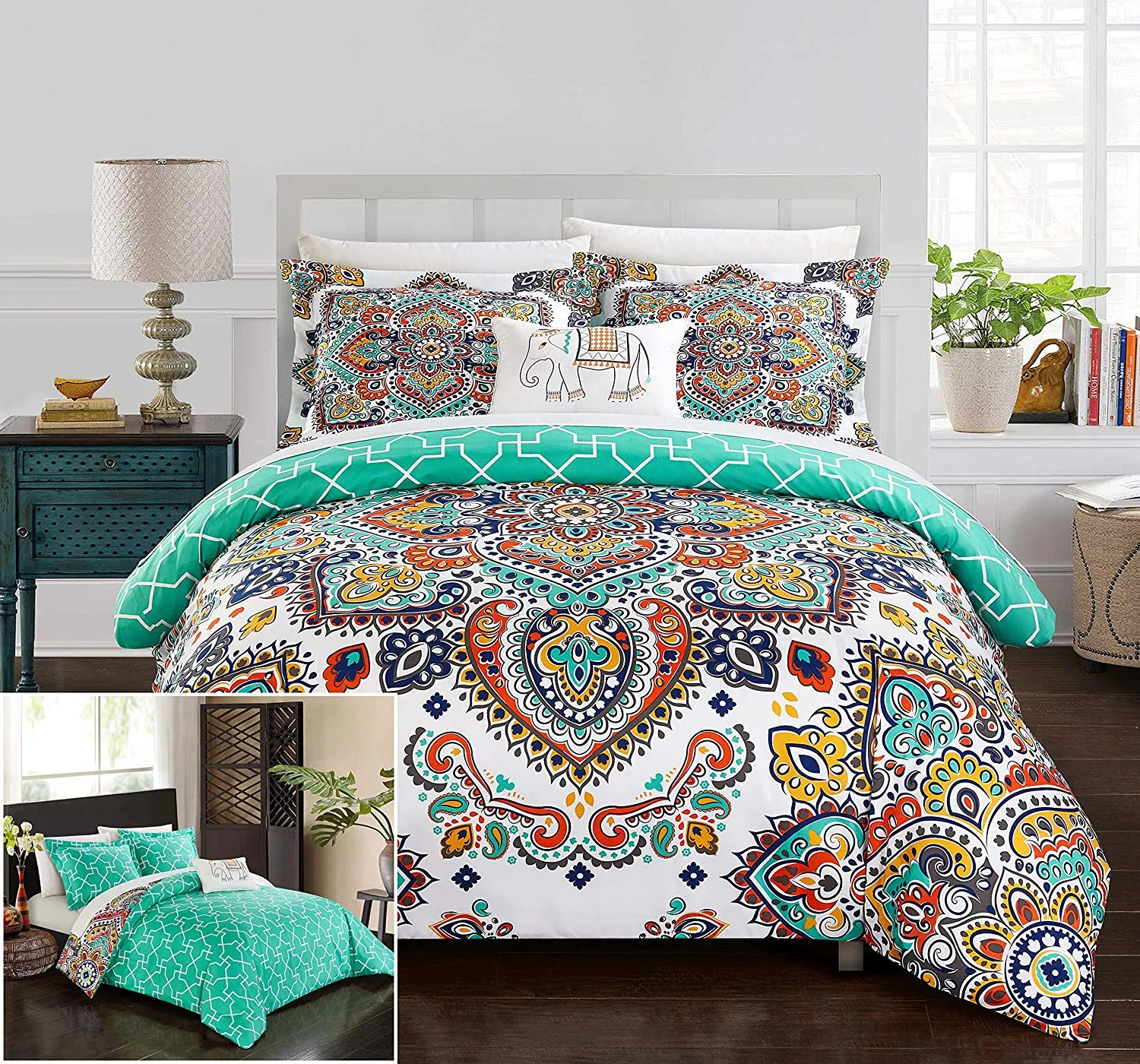 Chic 8 Piece Reversible Boho Contemporary Geometric Patterned Queen Bed in a Bag Comforter Set