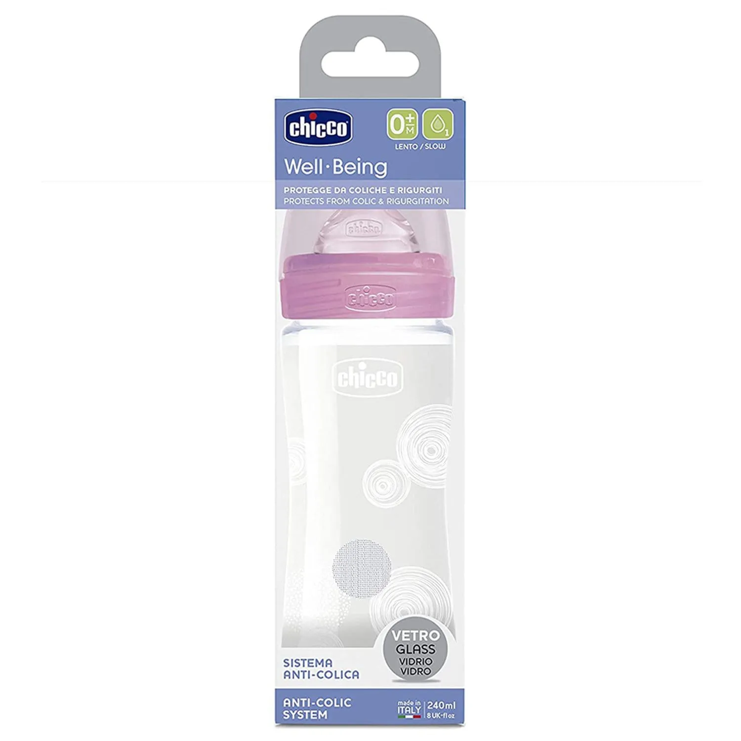 CHICCO WELL-BEING GLASS BOTTLE 240ML SLOW FLOW 0M  SILICONE PINK