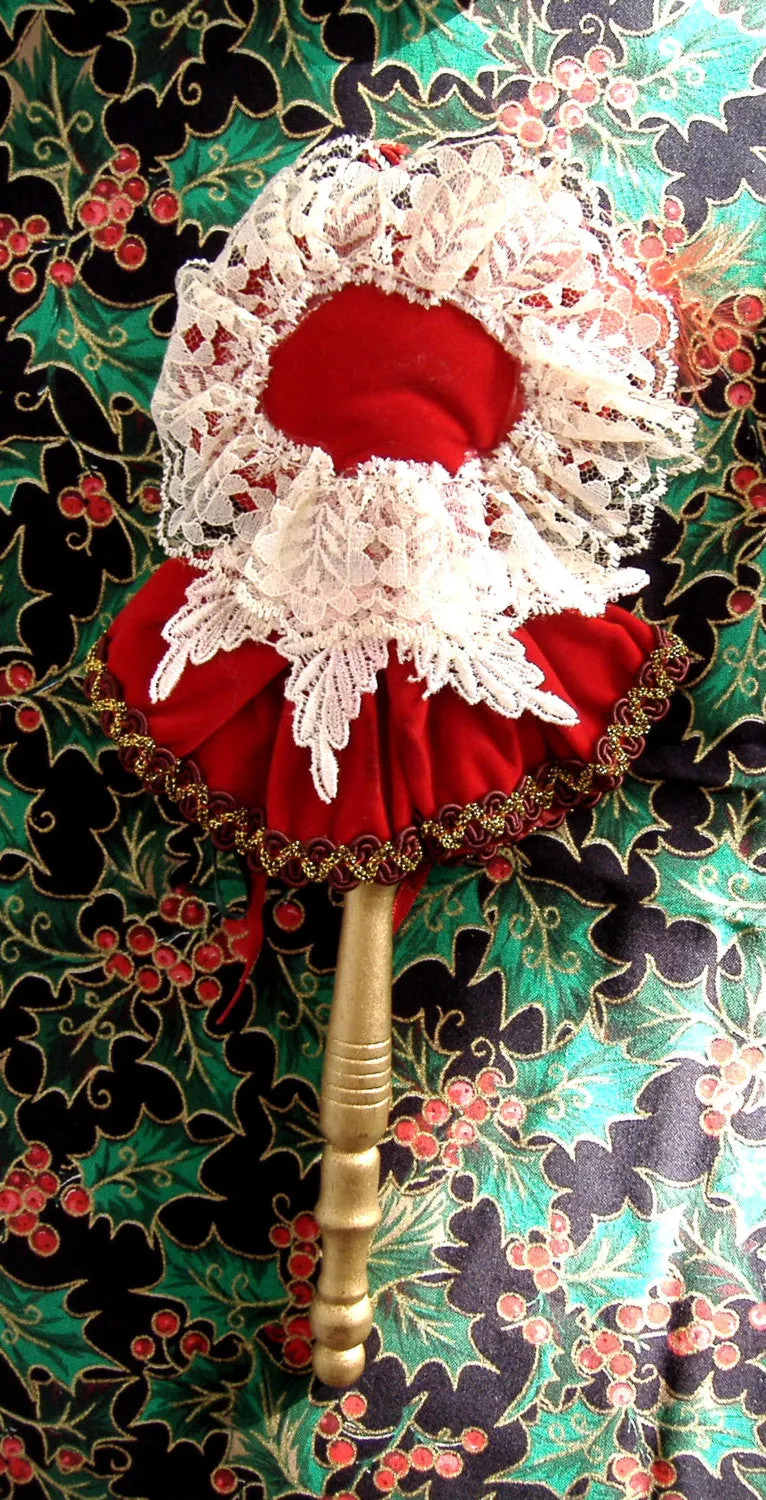 Christmas Ornament Fan Ornate Victorian Lady Red Velvet 1980s Victorian Style Decor Gold Handle