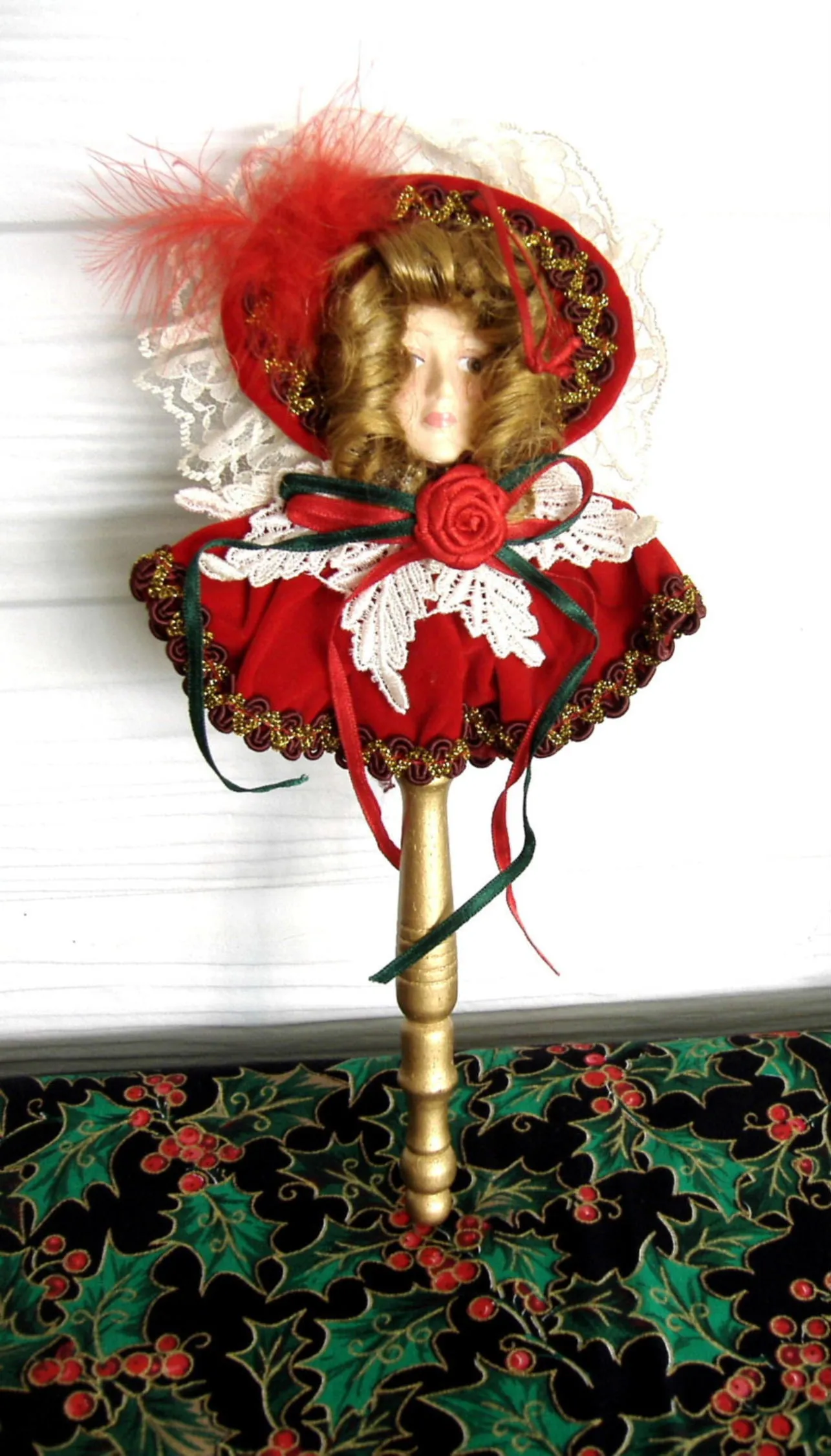 Christmas Ornament Fan Ornate Victorian Lady Red Velvet 1980s Victorian Style Decor Gold Handle