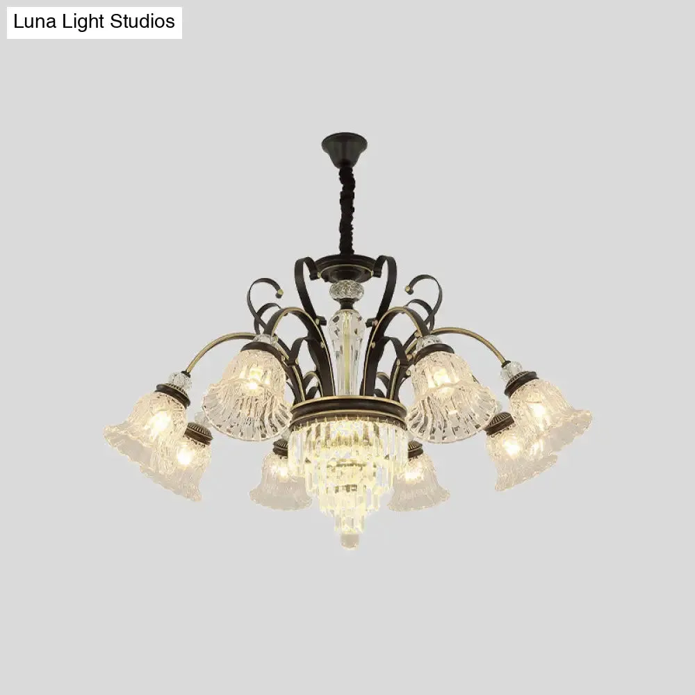 Clear Glass Chandelier with Black Bell Design - 6/8 Heads for Countryside Living Room Ceiling