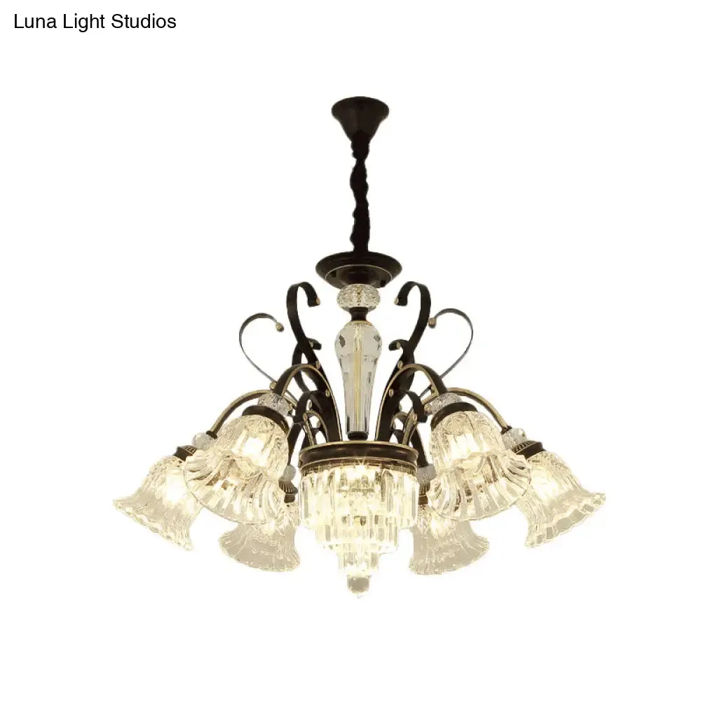 Clear Glass Chandelier with Black Bell Design - 6/8 Heads for Countryside Living Room Ceiling