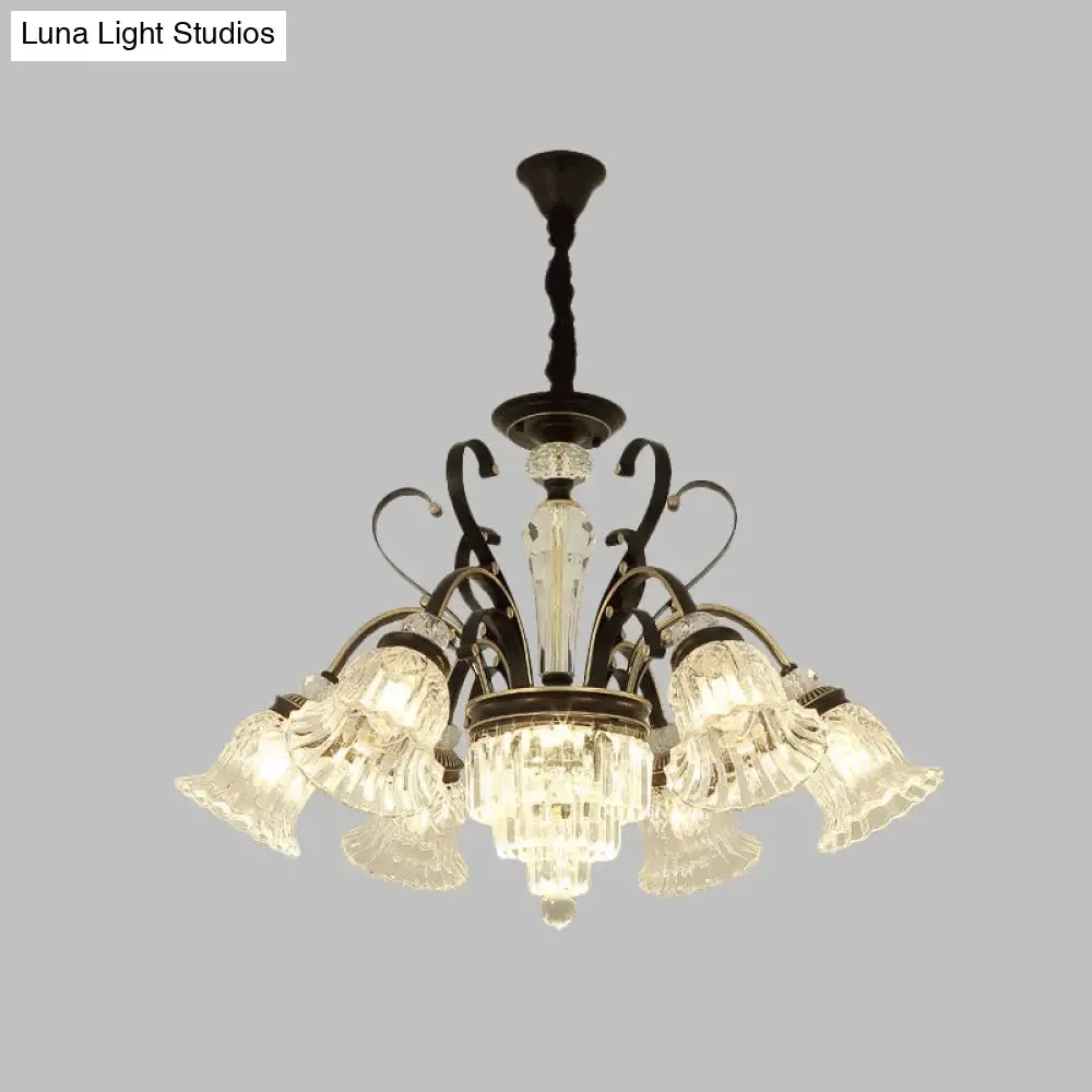 Clear Glass Chandelier with Black Bell Design - 6/8 Heads for Countryside Living Room Ceiling