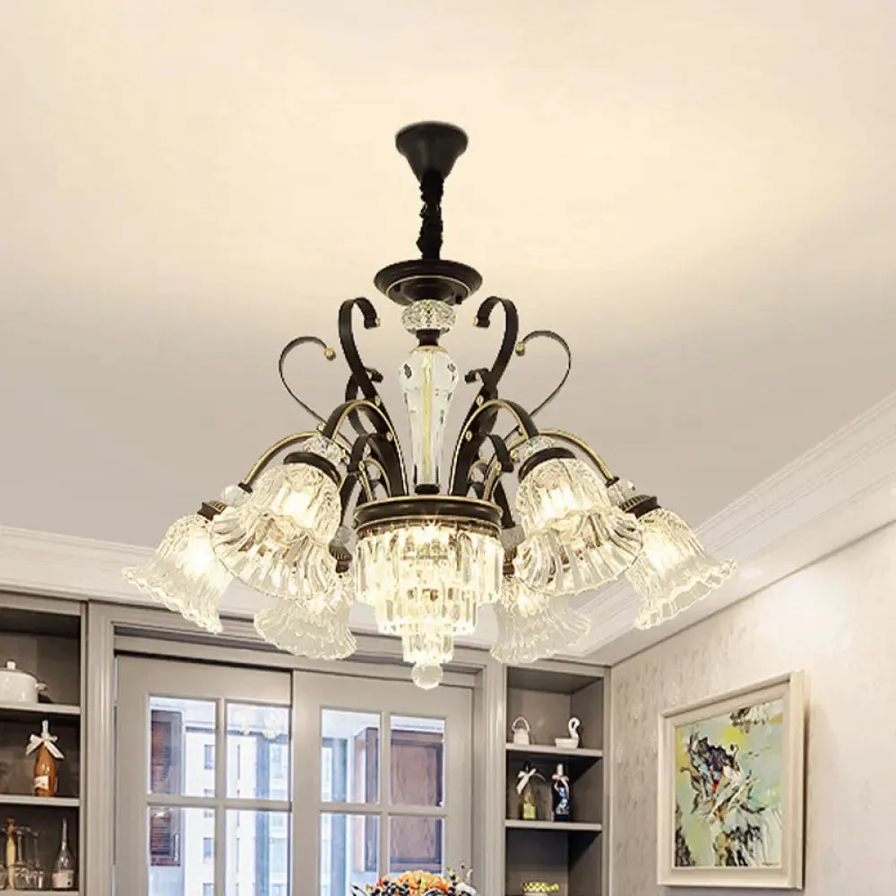 Clear Glass Chandelier with Black Bell Design - 6/8 Heads for Countryside Living Room Ceiling