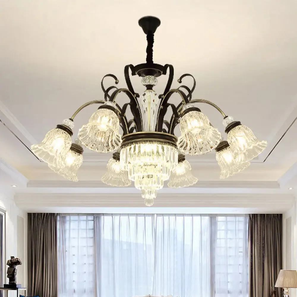 Clear Glass Chandelier with Black Bell Design - 6/8 Heads for Countryside Living Room Ceiling