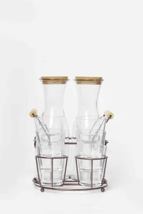 Clear Glass Juice Decnter Set With Metal Stand (9 Piece)