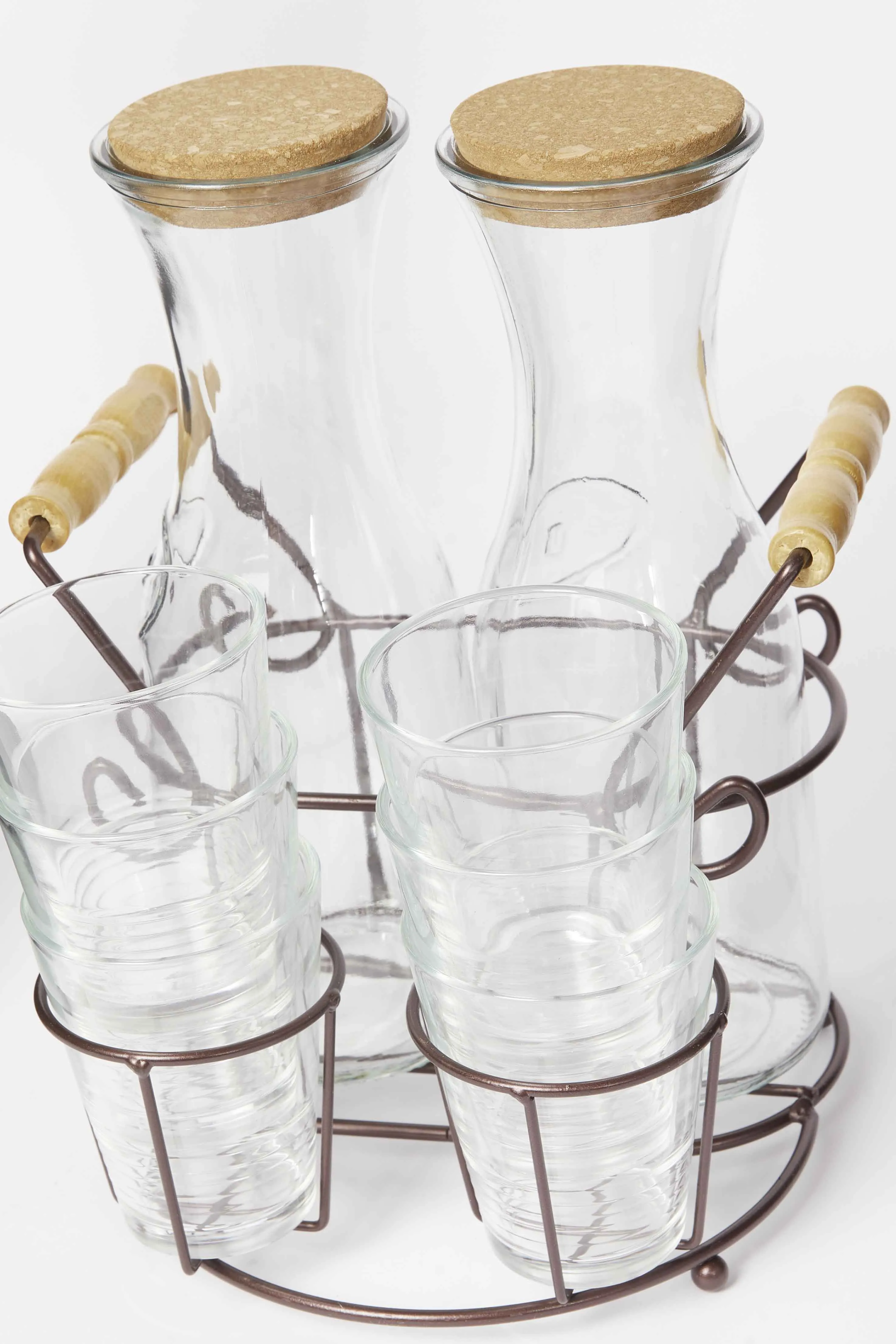 Clear Glass Juice Decnter Set With Metal Stand (9 Piece)