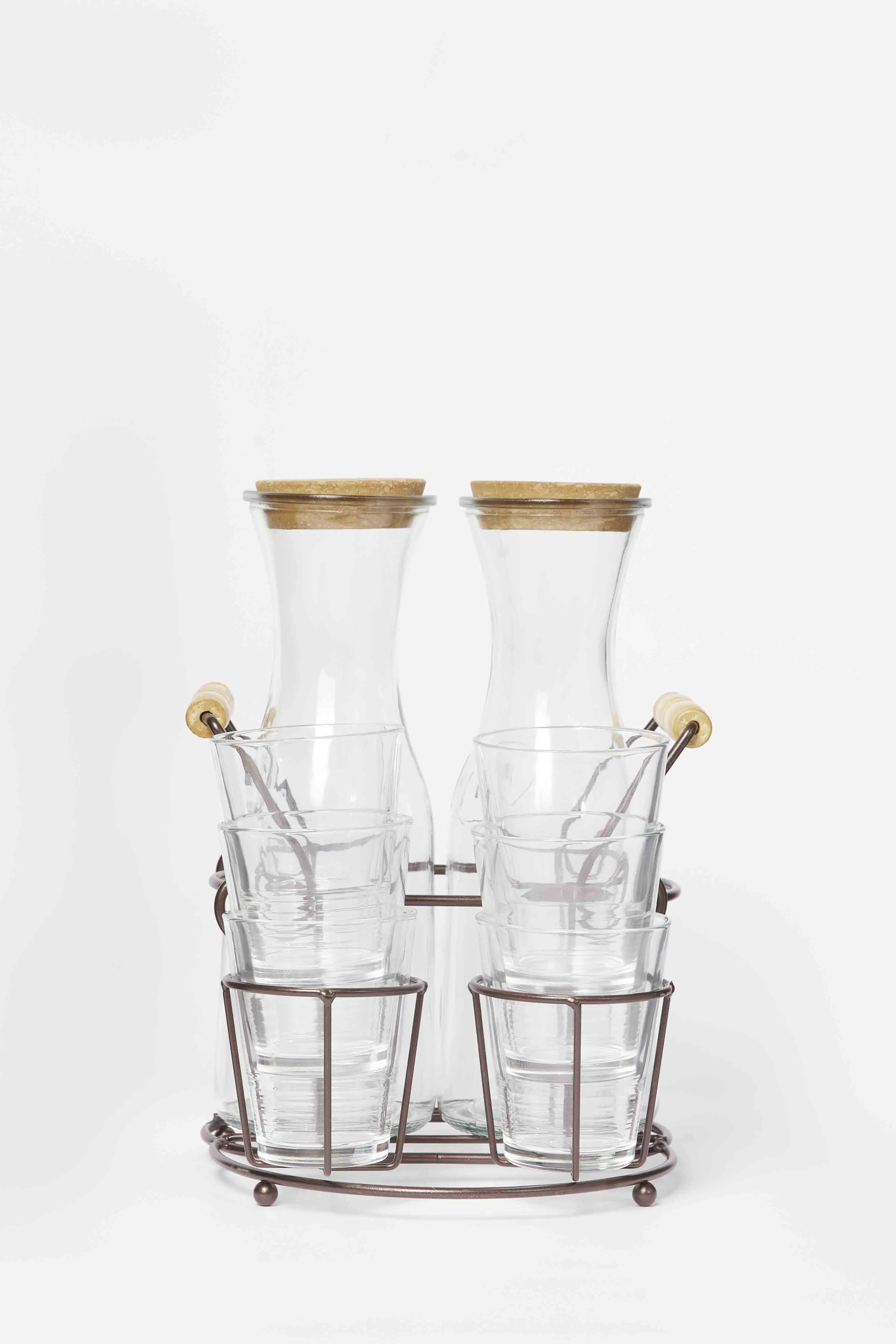 Clear Glass Juice Decnter Set With Metal Stand (9 Piece)