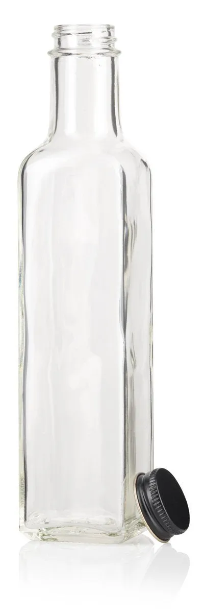 Clear Glass Square Bottle with Black Metal Lid - 8 oz / 250 ml