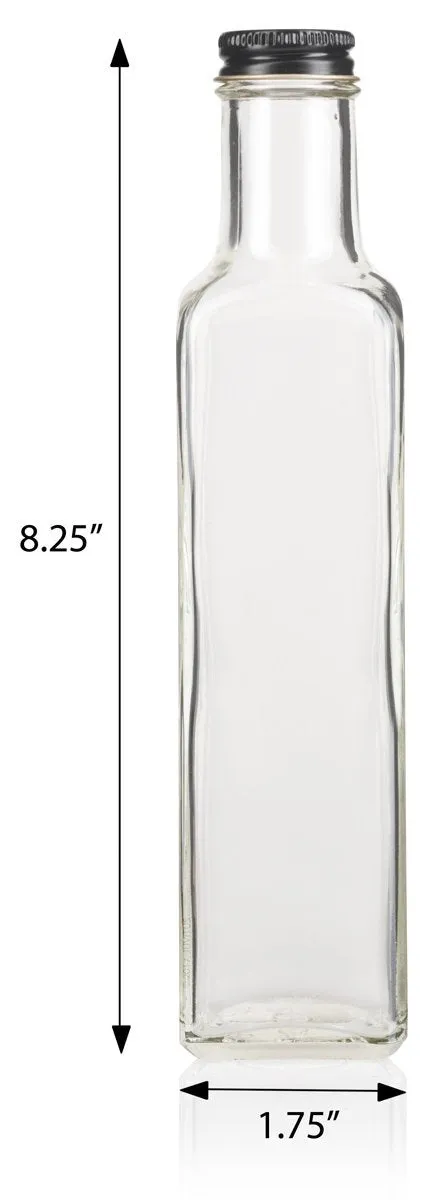 Clear Glass Square Bottle with Black Metal Lid - 8 oz / 250 ml