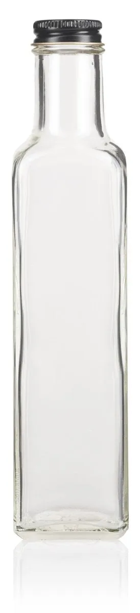 Clear Glass Square Bottle with Black Metal Lid - 8 oz / 250 ml