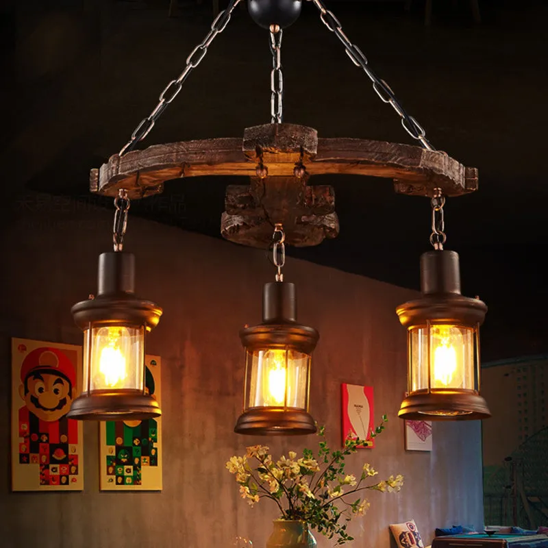 Coastal Coffee Shop Pendant Light: Wood Anchor Chandelier in Beige