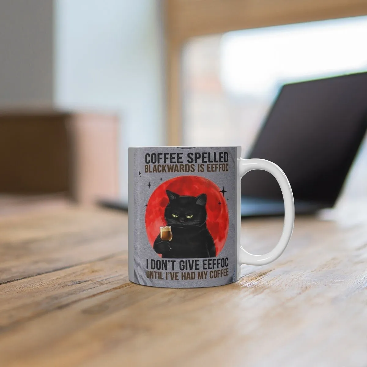 Coffee Spelled Backwards Is Eeffoc, Black Cat Mug, Black Cat Drinking Coffee Mug