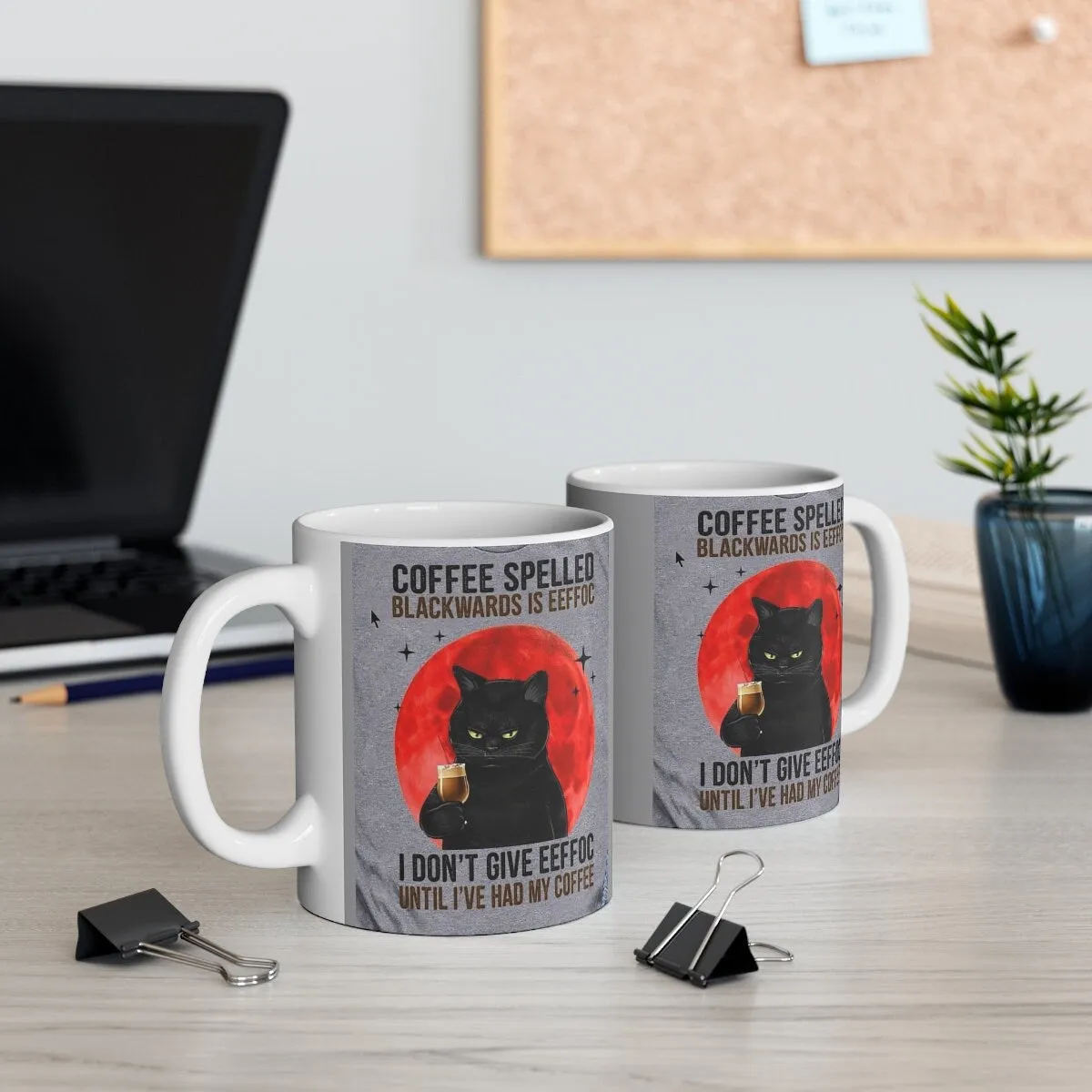 Coffee Spelled Backwards Is Eeffoc, Black Cat Mug, Black Cat Drinking Coffee Mug