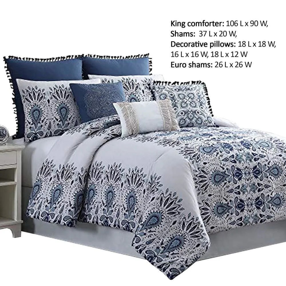 Constan?a 8 Piece King Comforter Set with Floral Print , Blue and White By Casagear  Home