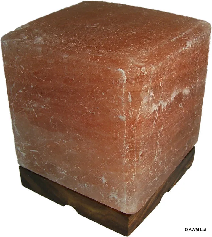 Cube Himalayan Salt Lamp with Wooden Base - approx 15cm tall