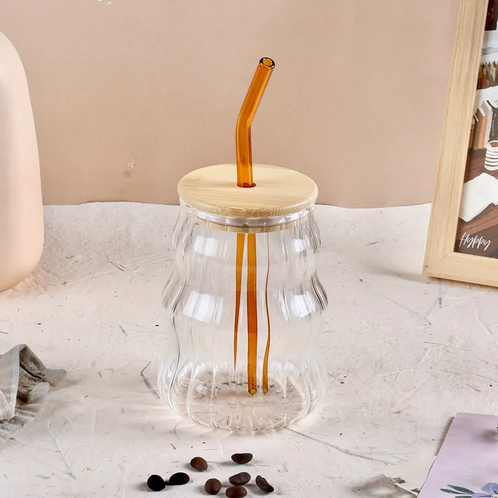 Curved Transparent Drinking Glass Tumbler with Bamboo Lid And Glass Straw