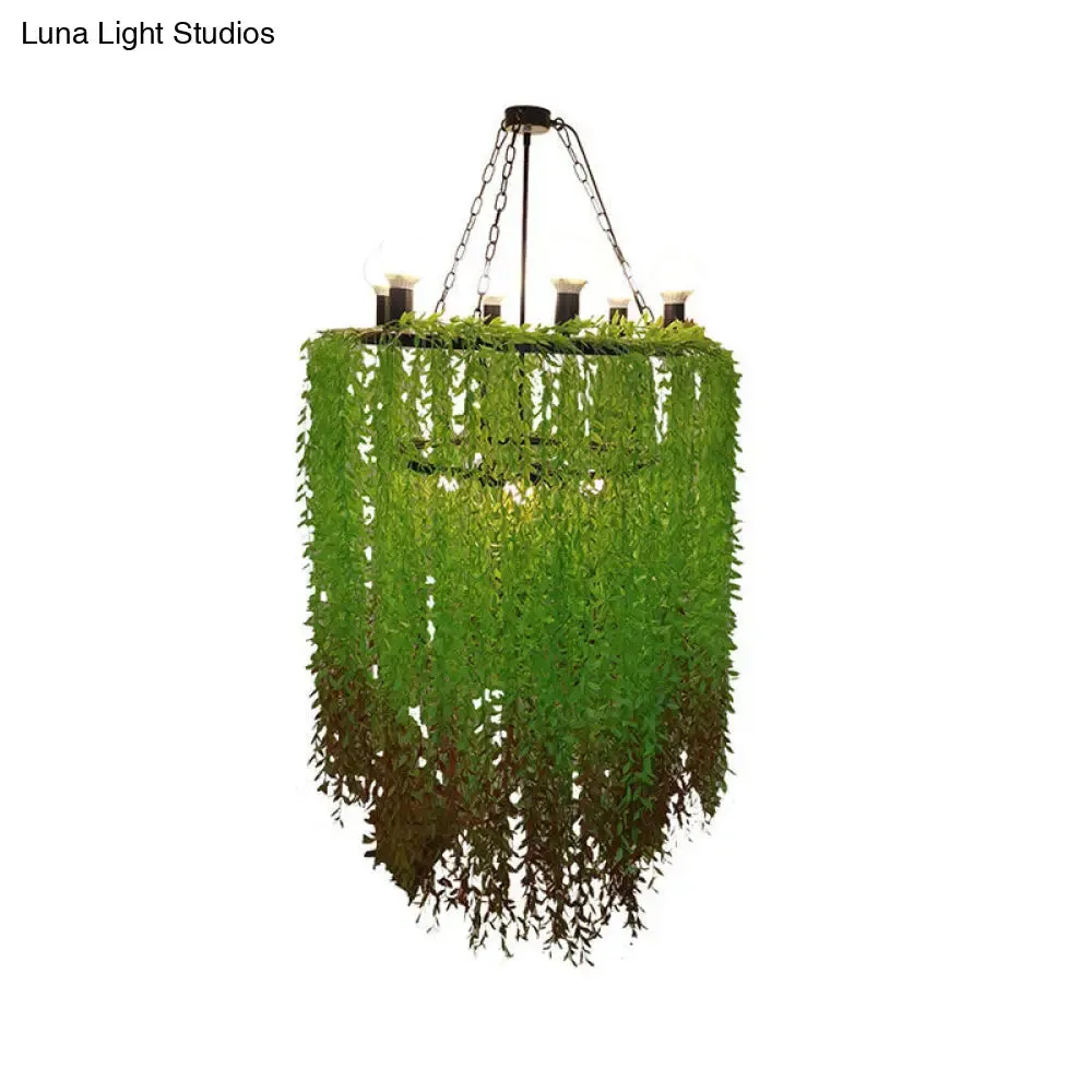 Cylinder Chandelier Lamp: 6 Heads, Industrial Green Metal with Plant Decoration - Suspension Lighting