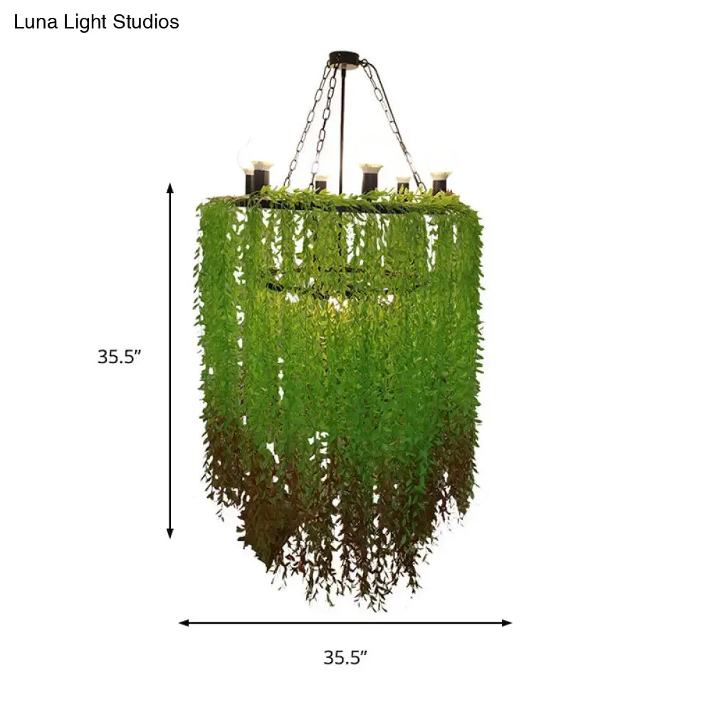 Cylinder Chandelier Lamp: 6 Heads, Industrial Green Metal with Plant Decoration - Suspension Lighting