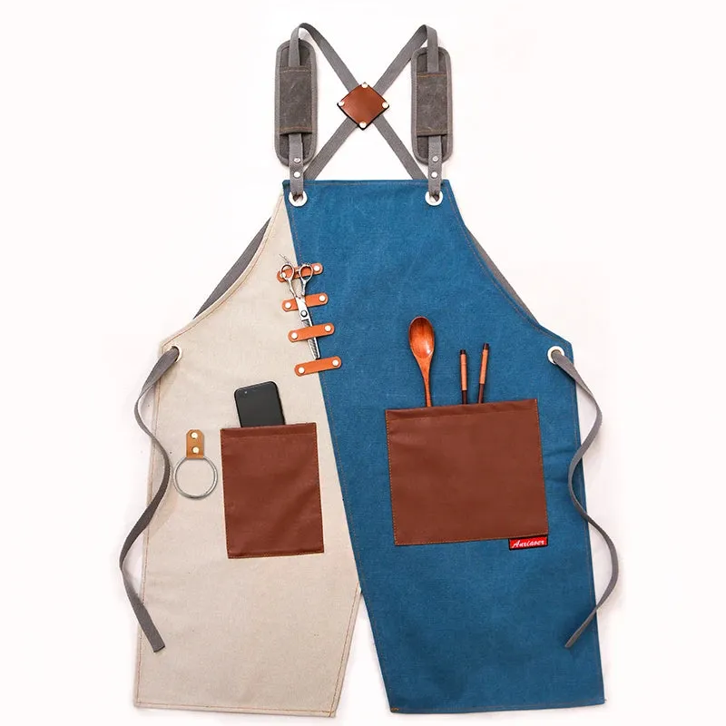 Denim Canvas Apron,  Cross Back Adjustable Apron with Pockets , Kitchen Cooking Baking Bib Apron.