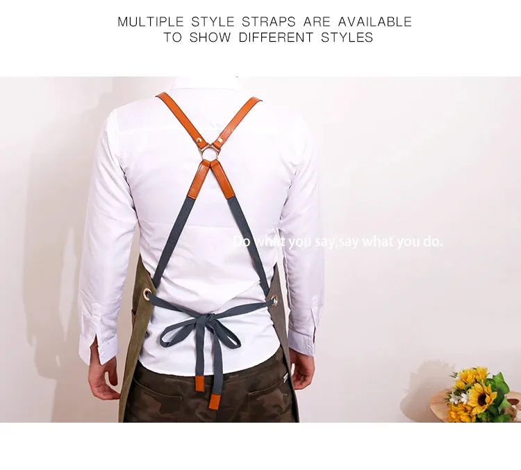 Denim Canvas Apron,  Cross Back Adjustable Apron with Pockets , Kitchen Cooking Baking Bib Apron.