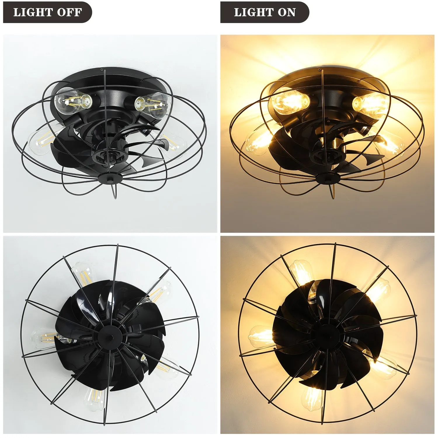 Depuley 19'' Close-to-Ceiling Fans Lights with Remote Control, Thickened Blades Semi-Enclosed Caged Design Ceiling Fan, Frosted Black Flush Mount Ceiling Fan for kitchen/Bedroom/Living Room/Farmhouse, Timer, Low Profile, 3-Level Wind Speed