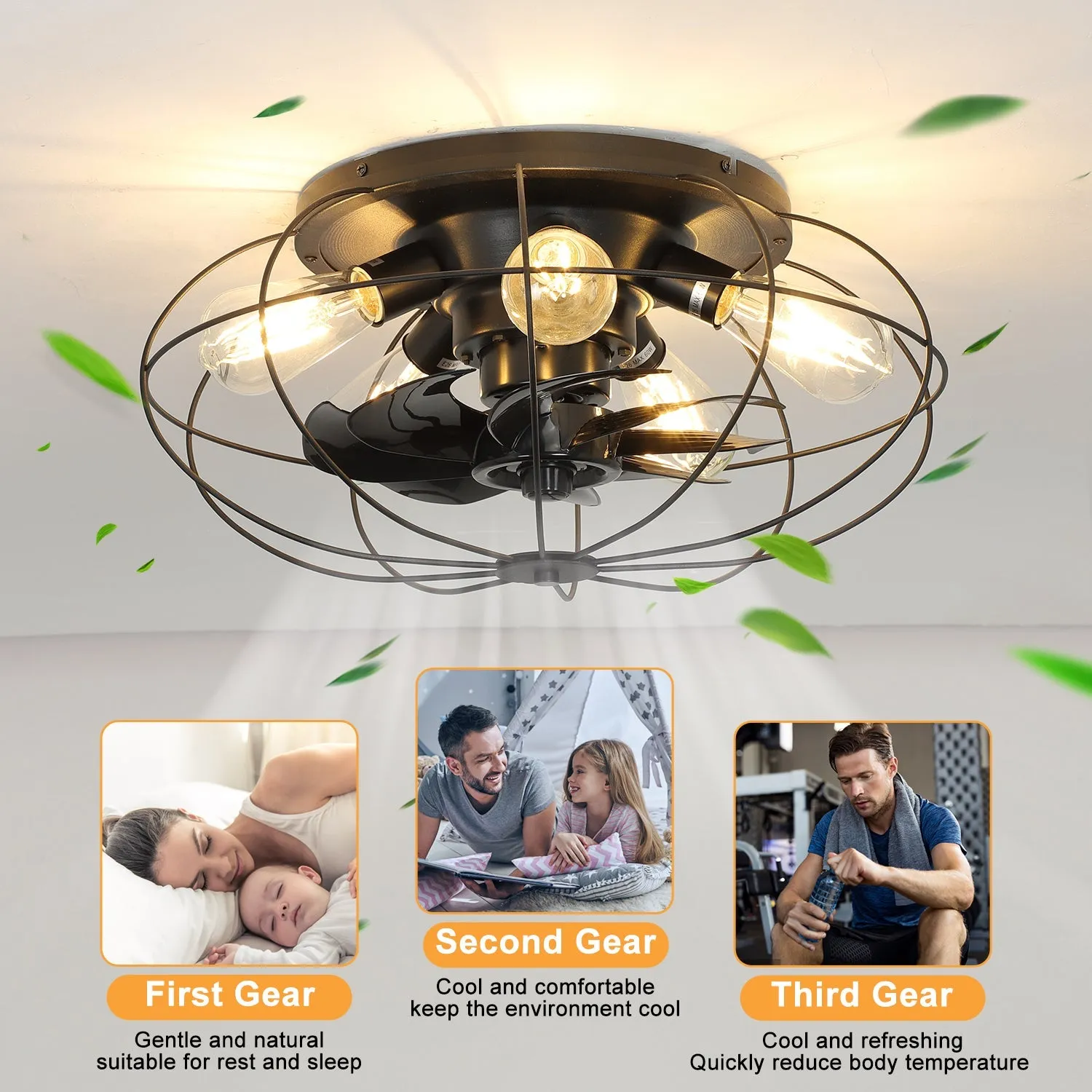 Depuley 19'' Close-to-Ceiling Fans Lights with Remote Control, Thickened Blades Semi-Enclosed Caged Design Ceiling Fan, Frosted Black Flush Mount Ceiling Fan for kitchen/Bedroom/Living Room/Farmhouse, Timer, Low Profile, 3-Level Wind Speed