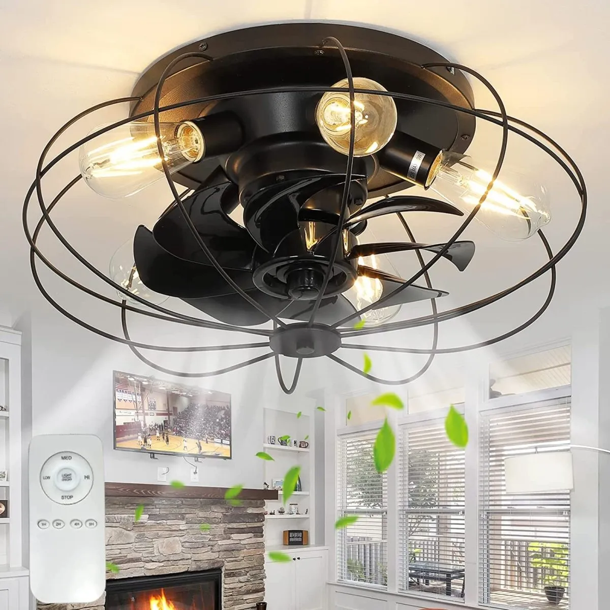 Depuley 19'' Close-to-Ceiling Fans Lights with Remote Control, Thickened Blades Semi-Enclosed Caged Design Ceiling Fan, Frosted Black Flush Mount Ceiling Fan for kitchen/Bedroom/Living Room/Farmhouse, Timer, Low Profile, 3-Level Wind Speed