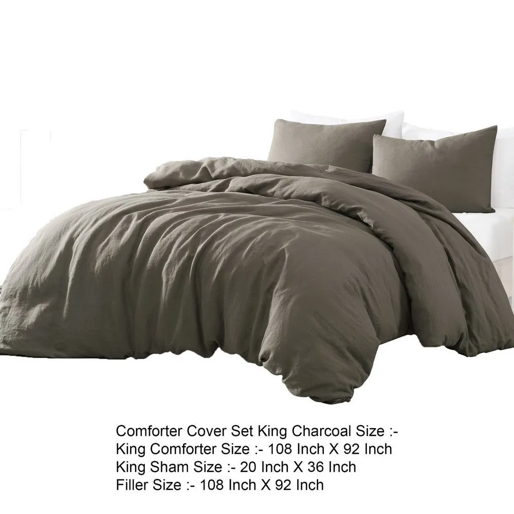 Edge 4 Piece King Size Duvet Comforter Set, Washed Linen, Charcoal Gray By Casagear Home