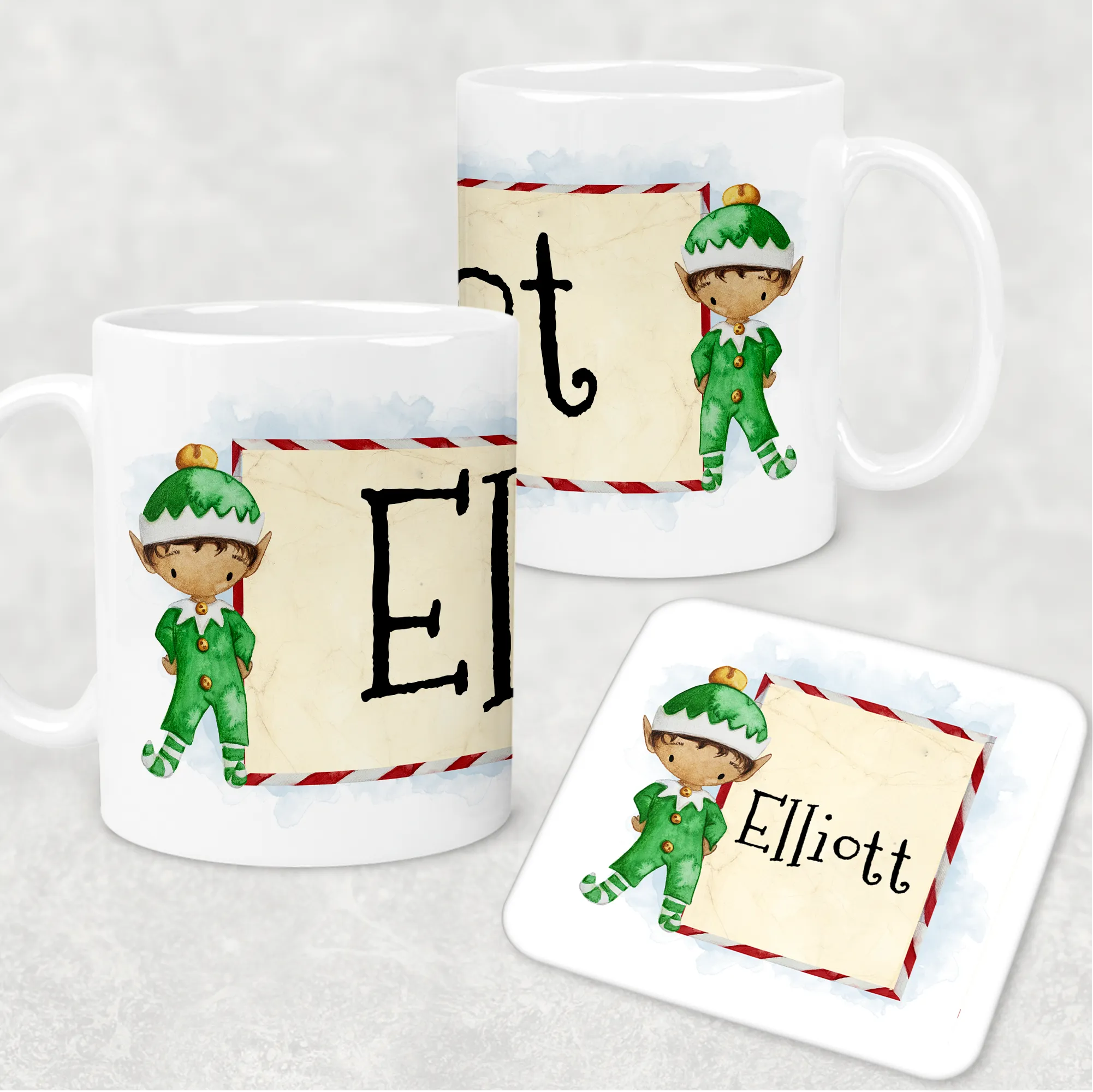 Elf Personalised Christmas Eve Mug and Coaster Set