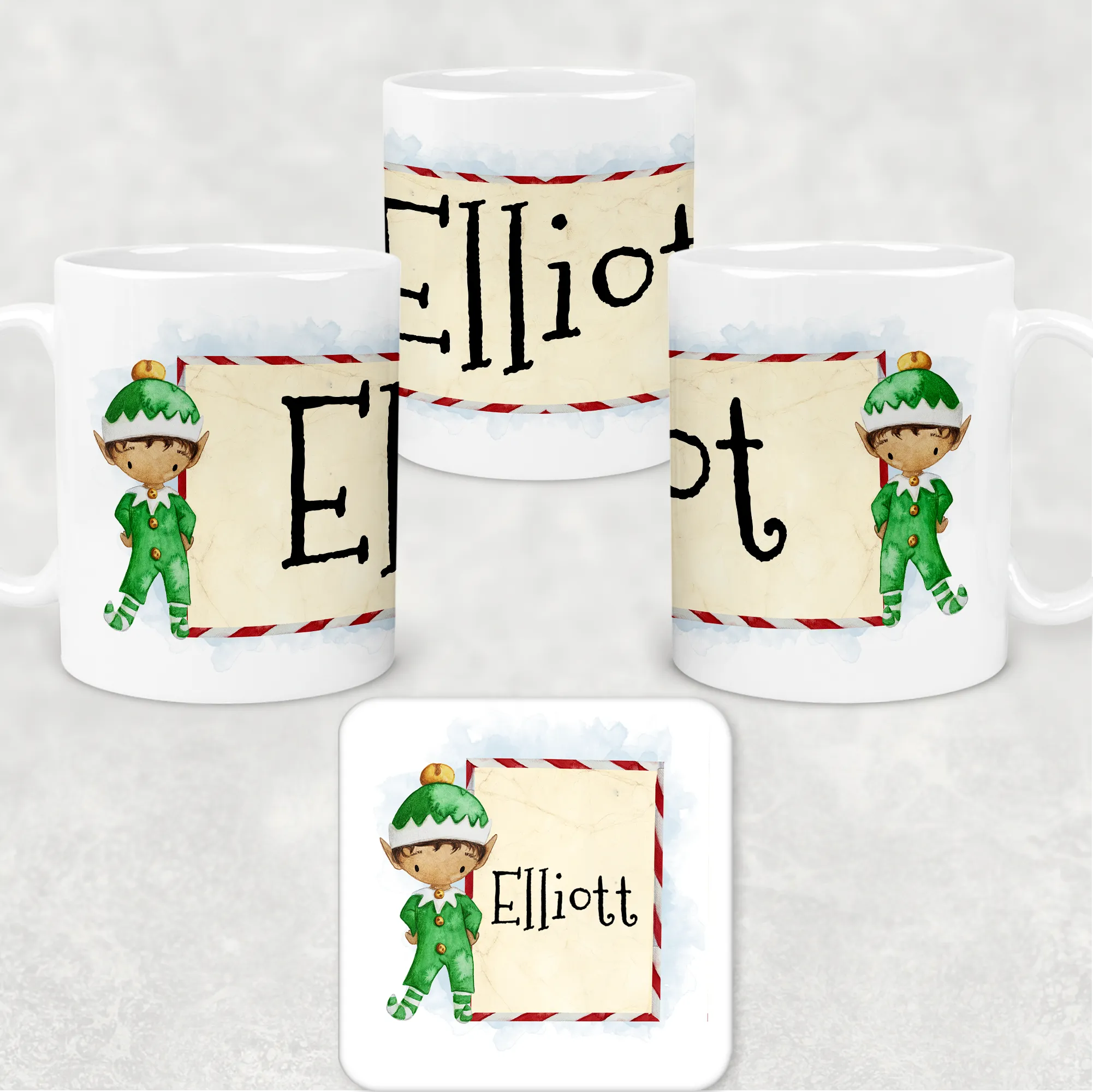 Elf Personalised Christmas Eve Mug and Coaster Set