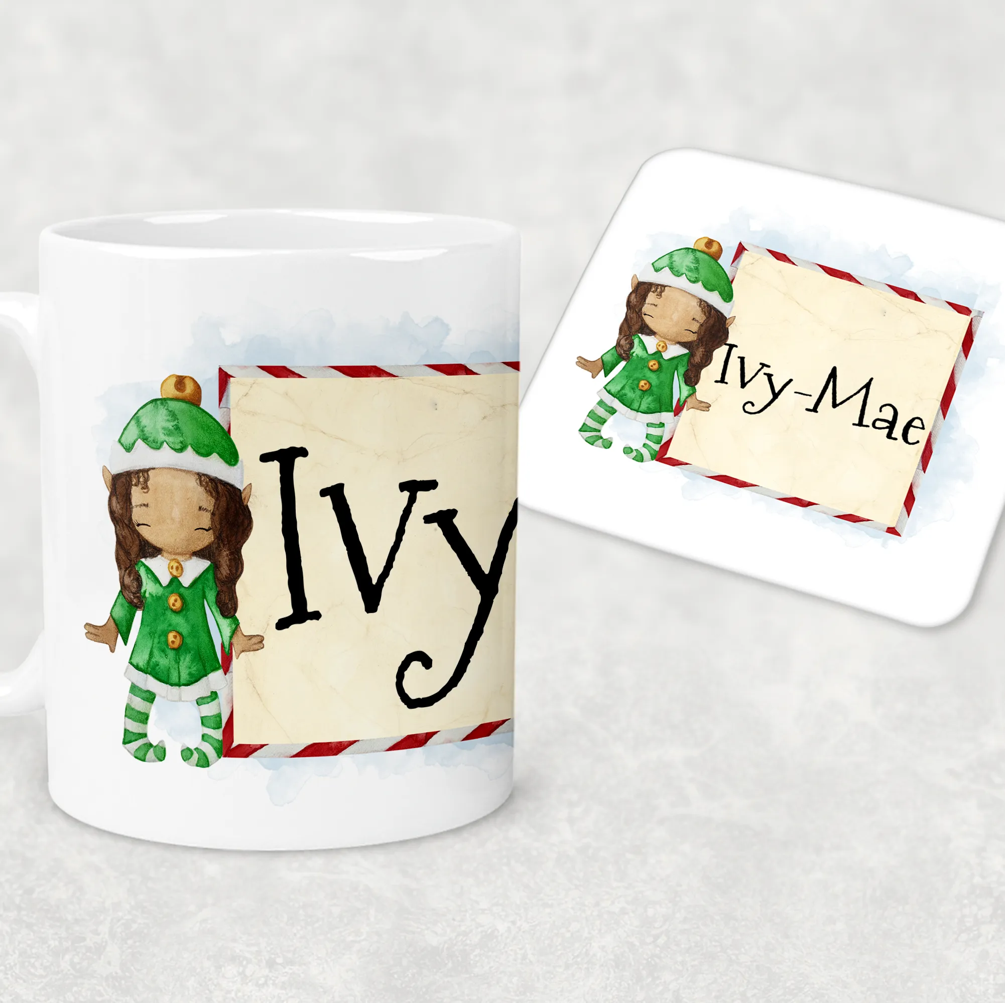 Elf Personalised Christmas Eve Mug and Coaster Set