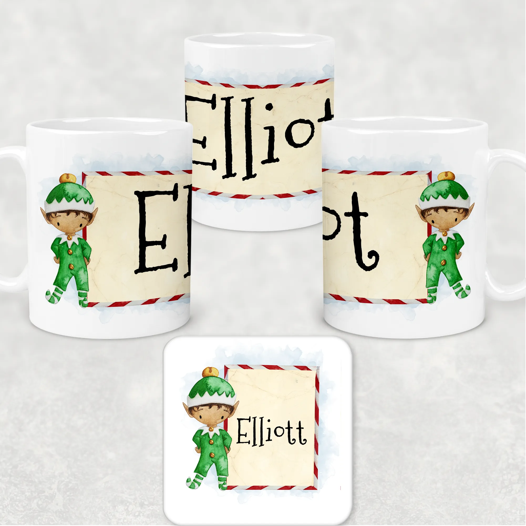 Elf Personalised Christmas Eve Mug and Coaster Set