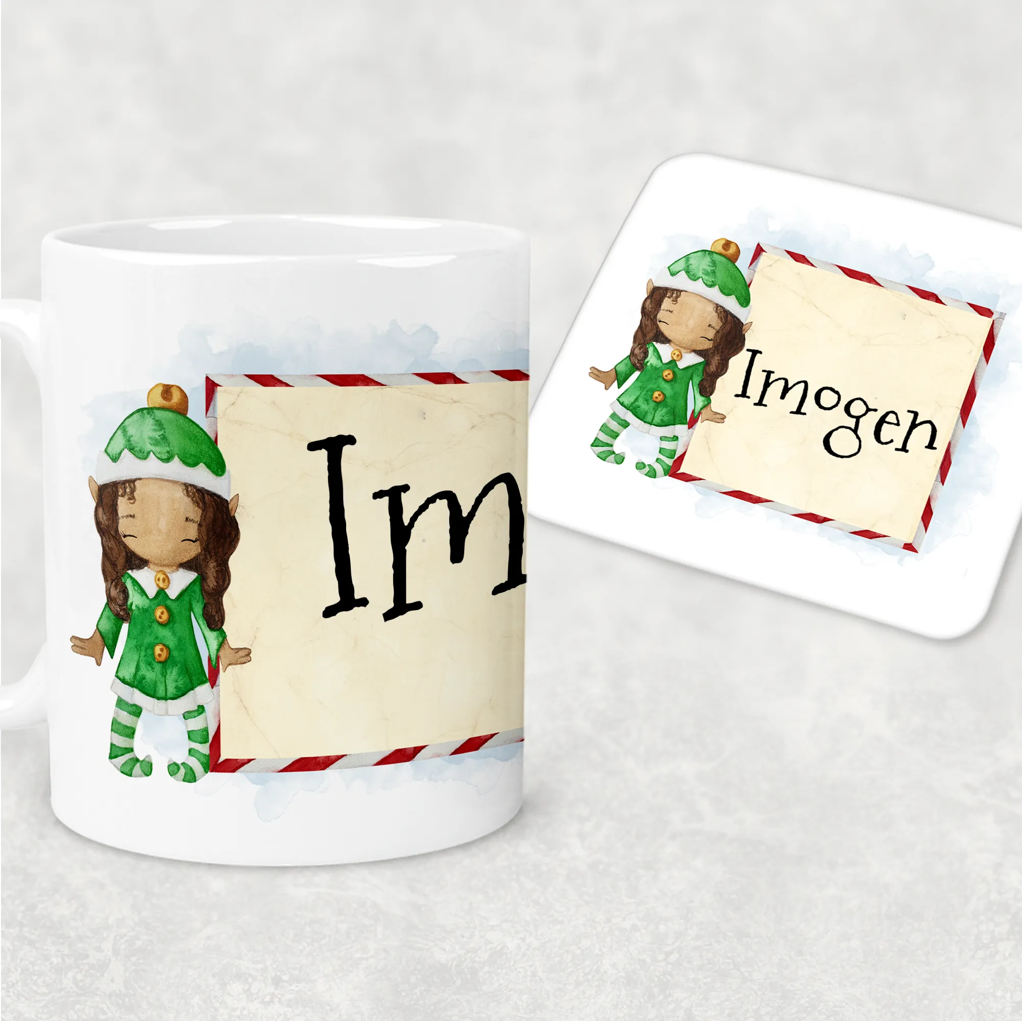 Elf Personalised Christmas Eve Mug and Coaster Set