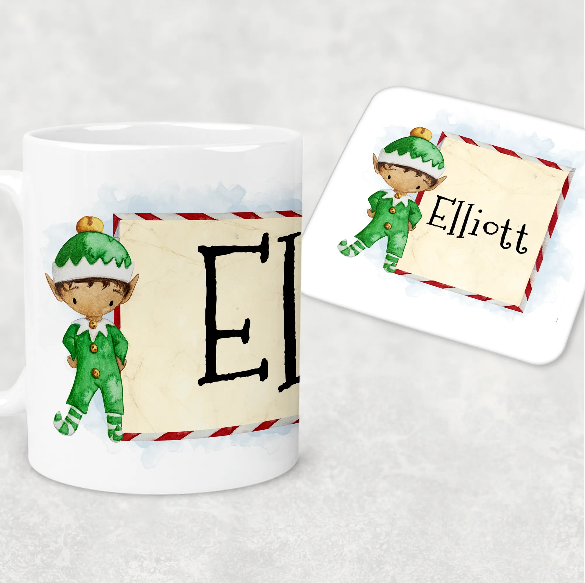 Elf Personalised Christmas Eve Mug and Coaster Set