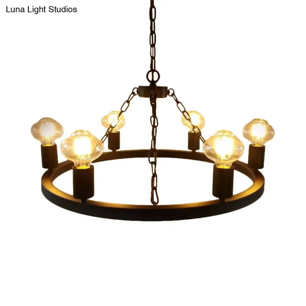 Farmhouse 6-Bulb Ring Chandelier Lamp in Black - Exposed Bulb Metallic Ceiling Lighting for Living Room