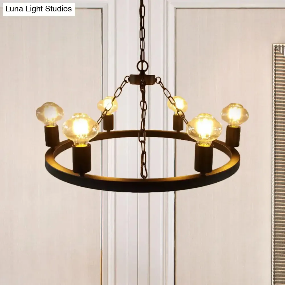 Farmhouse 6-Bulb Ring Chandelier Lamp in Black - Exposed Bulb Metallic Ceiling Lighting for Living Room