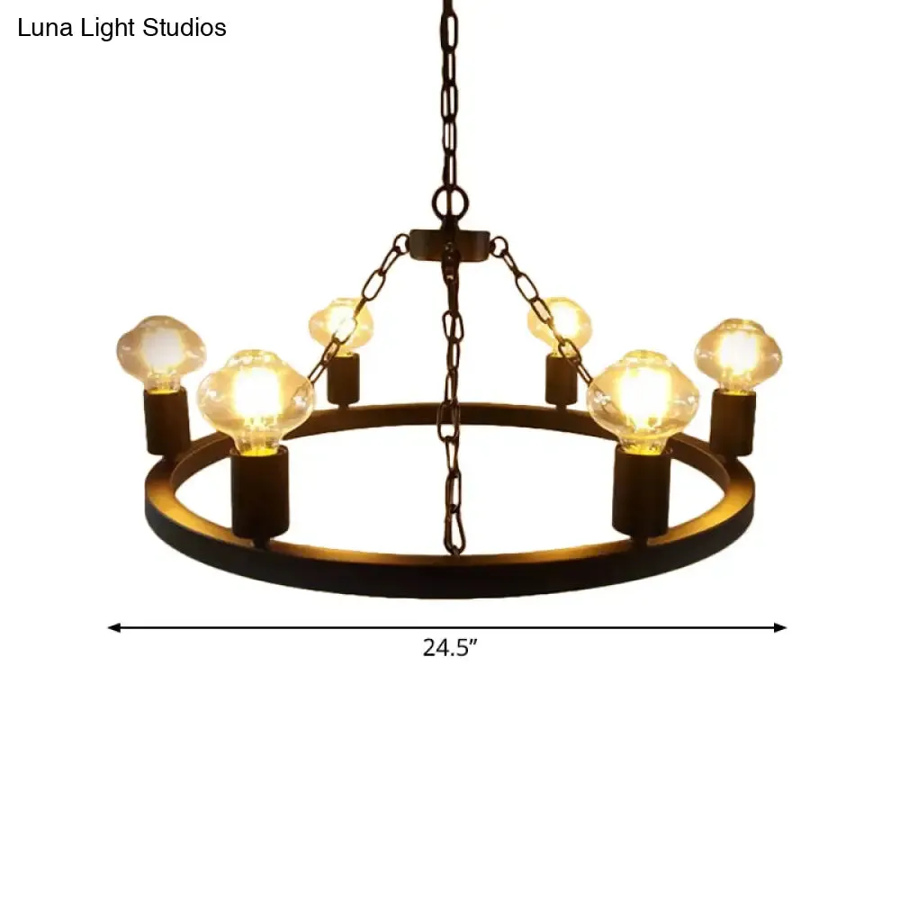 Farmhouse 6-Bulb Ring Chandelier Lamp in Black - Exposed Bulb Metallic Ceiling Lighting for Living Room