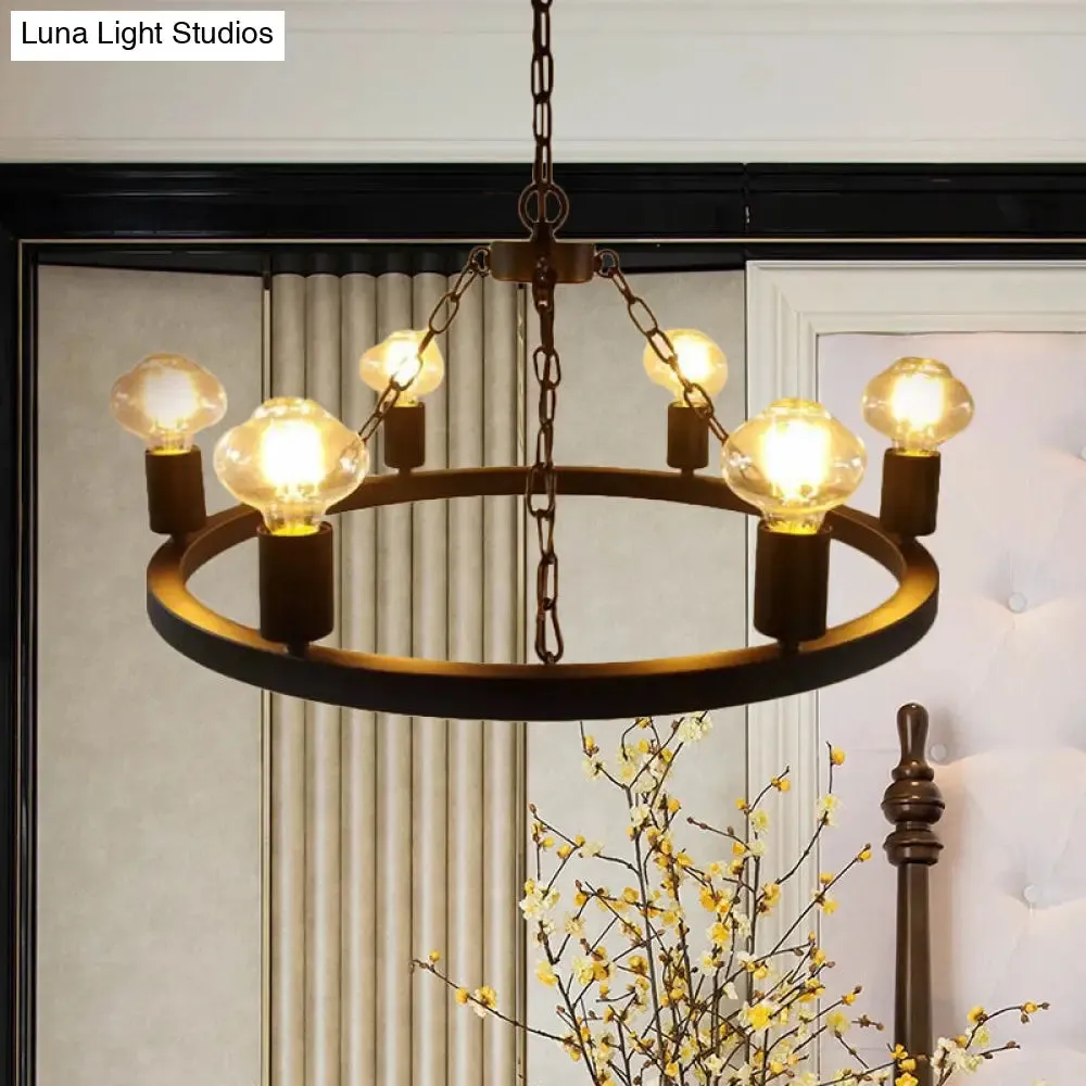 Farmhouse 6-Bulb Ring Chandelier Lamp in Black - Exposed Bulb Metallic Ceiling Lighting for Living Room