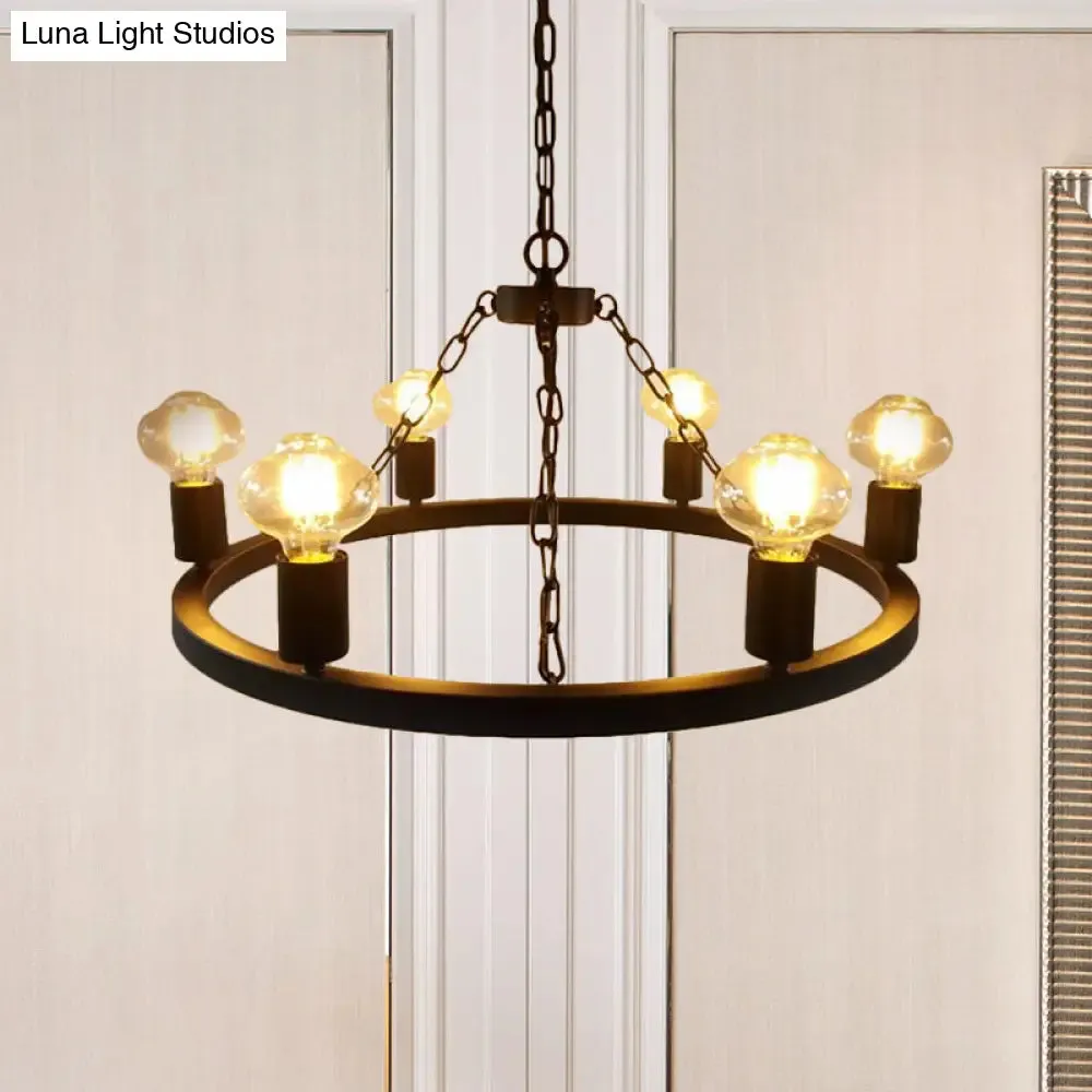 Farmhouse 6-Bulb Ring Chandelier Lamp in Black - Exposed Bulb Metallic Ceiling Lighting for Living Room