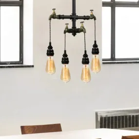 Farmhouse Metallic 4-Bulb Hanging Chandelier Lamp - Pipe Indoor Ceiling Light with Faucet in Black