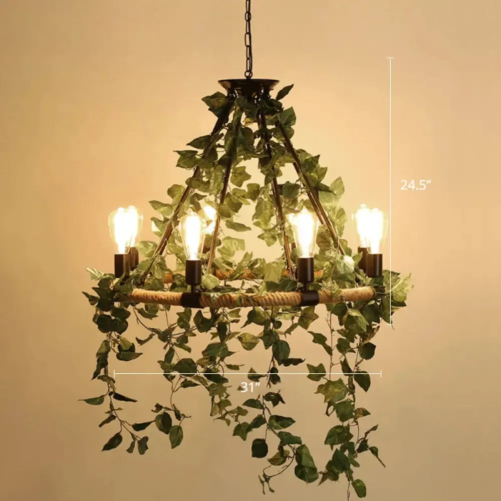 Farmhouse Wagon Wheel Chandelier with Plant Decor for Dining Room