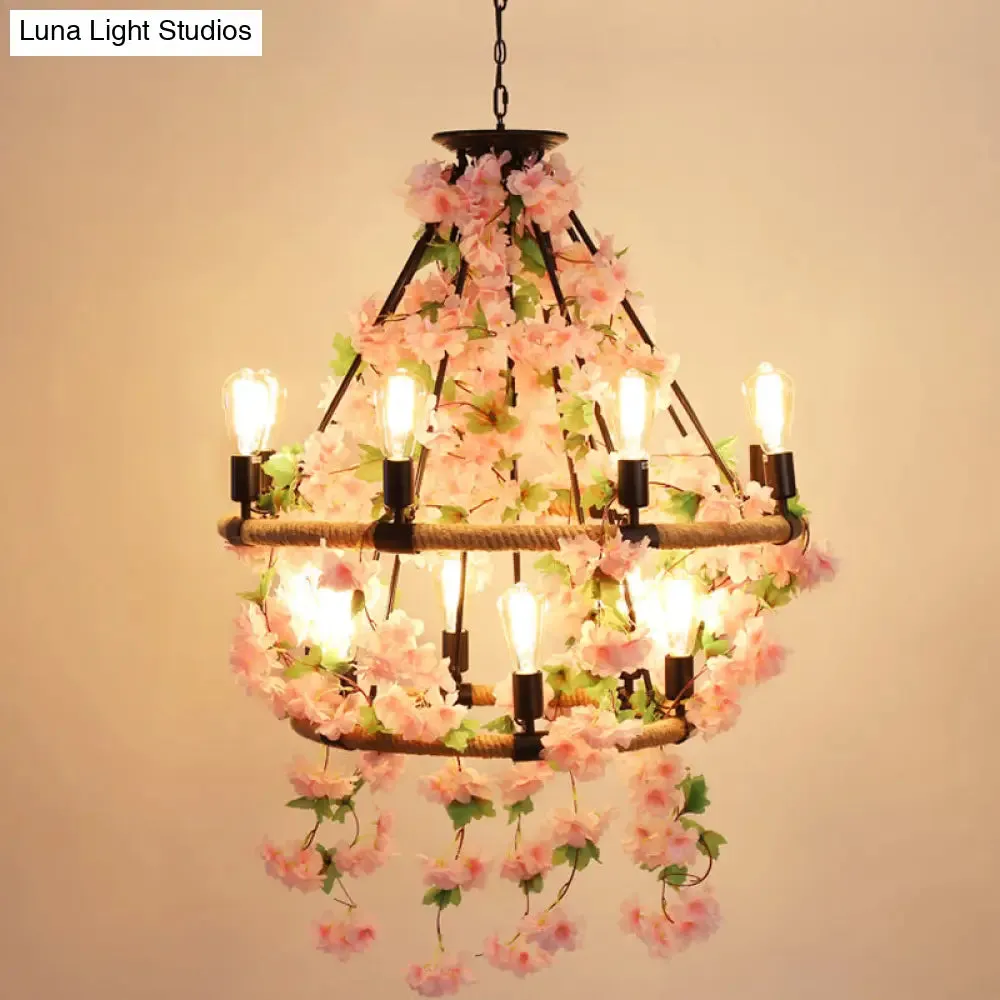 Farmhouse Wagon Wheel Chandelier with Plant Decor for Dining Room