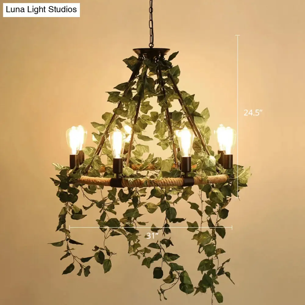 Farmhouse Wagon Wheel Chandelier with Plant Decor for Dining Room