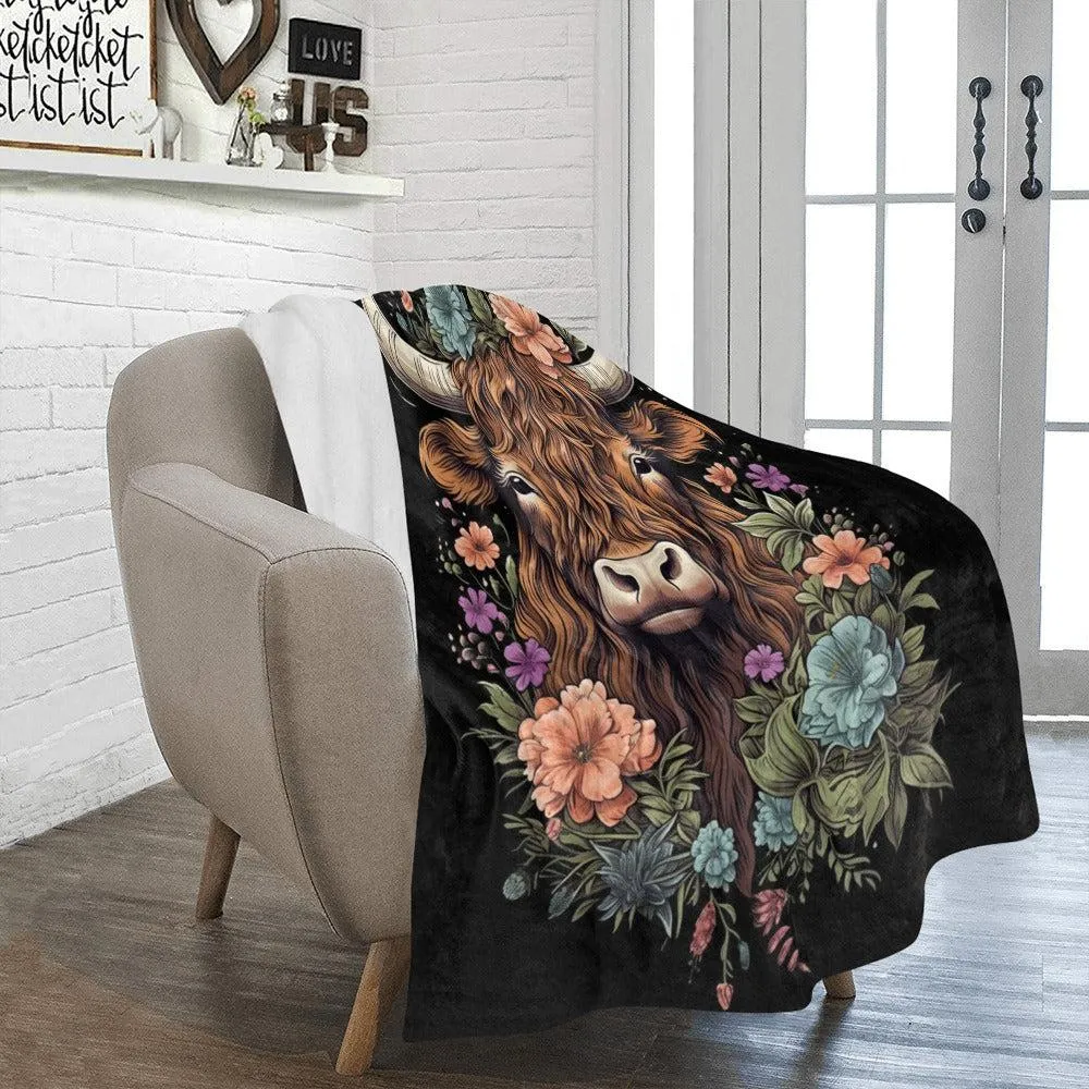 Floral Highland Cow Ultra-Soft Micro Fleece Blanket 50" x 60"