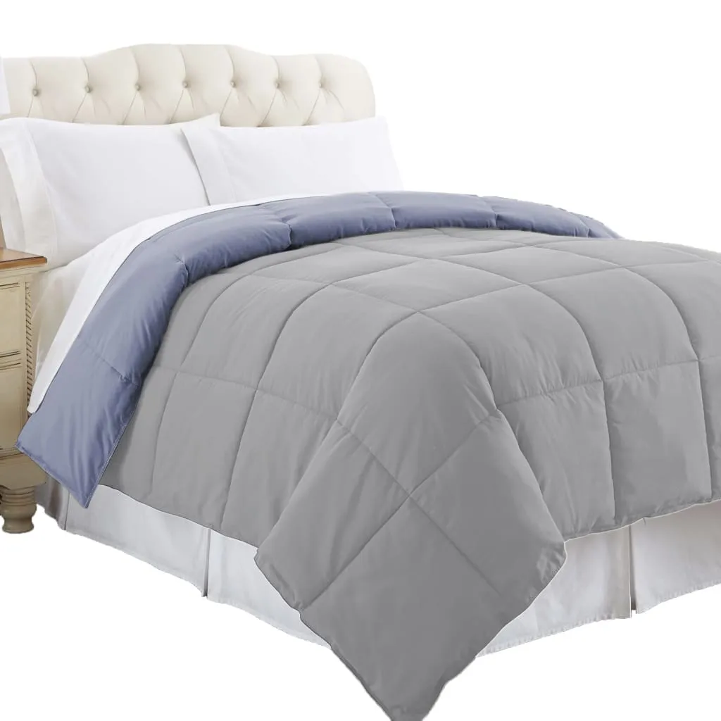 Genoa Reversible King Comforter with Box Quilted By Casagear Home, Silver and Blue